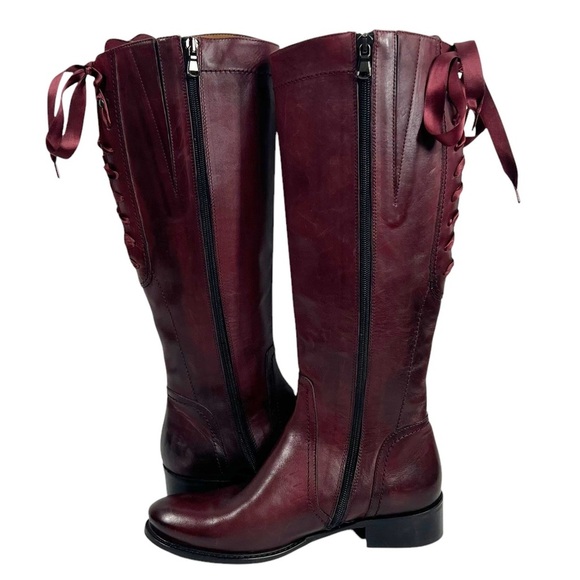 RON WHITE Tall Smooth Leather Boots 36.5 Size Zip Lace up Vibram Sole Oxblood - Picture 1 of 10